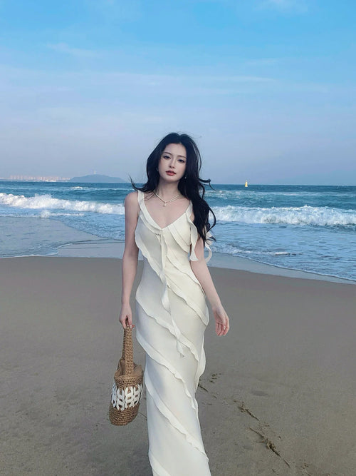 Sexy Mermaid Spaghetti Straps White Chiffon Prom Dresses Wedding Guest Dress 20th Birthday Outfits AB2477
