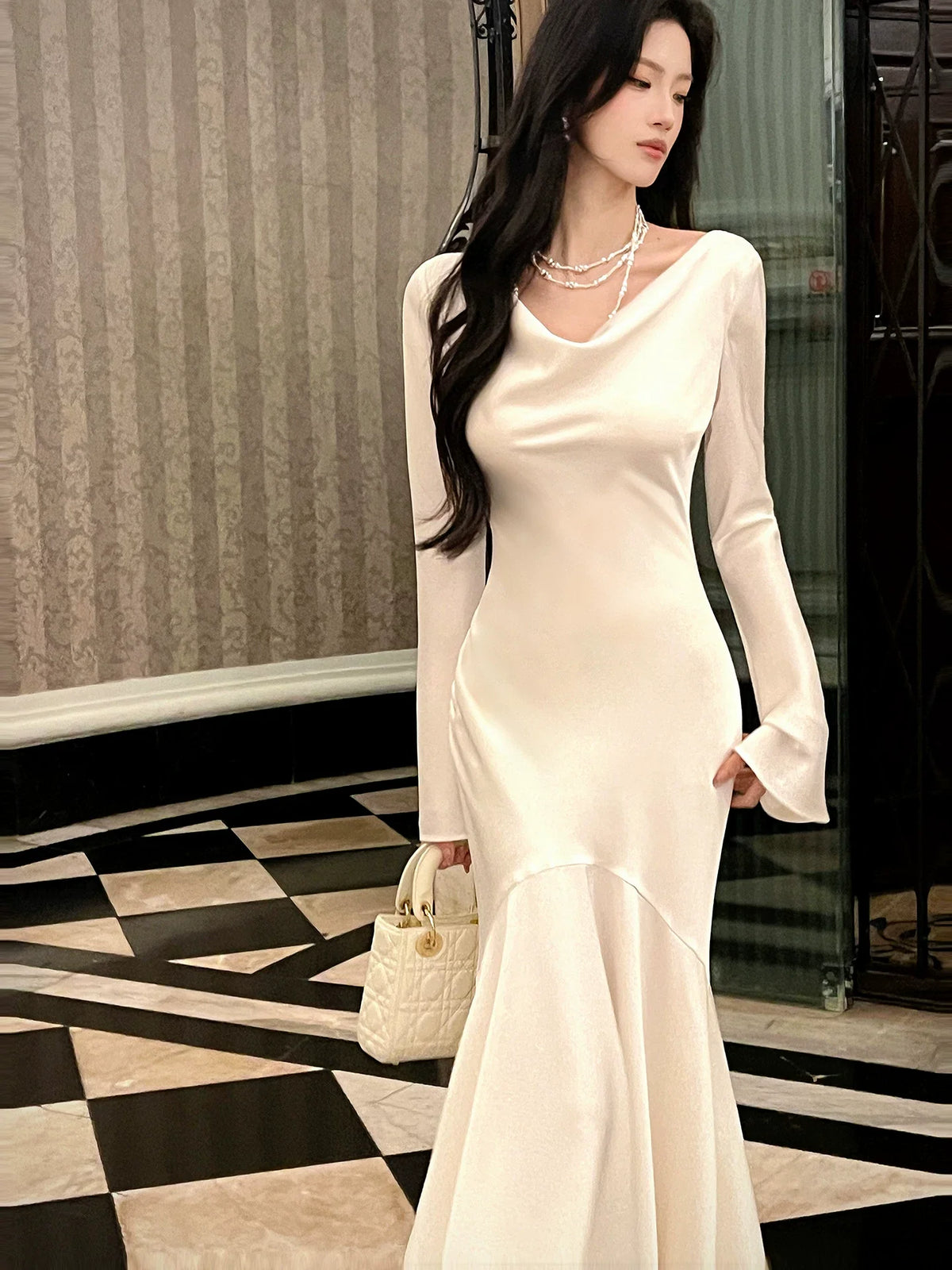 Chic Mermaid Cowl Neck White Satin Ankle Length Long Sleeves Prom Dresses Wedding Guest Dress 20th Birthday Outfits AB2478