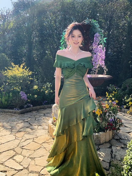 Elegant Mermaid Off The Shoulder Green Long Prom Dresses 16th Nigh Party Birthday Outfits AB2450