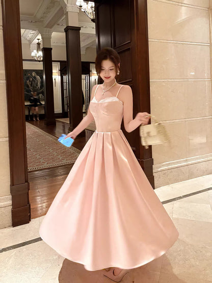 Elegant A Line Spaghetti Straps Pink Satin Ankle Length Prom Dresses 17th Nigh Party Birthday Outfits AB2497