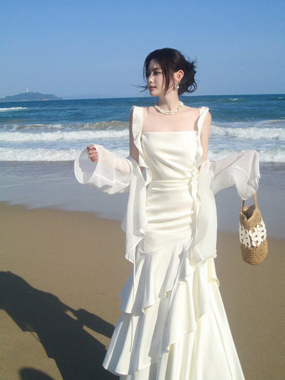 Elegant Mermaid Square Neck White Chiffon Ankle Length Prom Dresses 16th Nigh Party Birthday Outfits AB2416