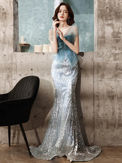 Modest Mermaid Strapless Blue Sequins Prom Dresses Inspiration Long Party Night Evening Dress 20th Birthday Outfits AB2329