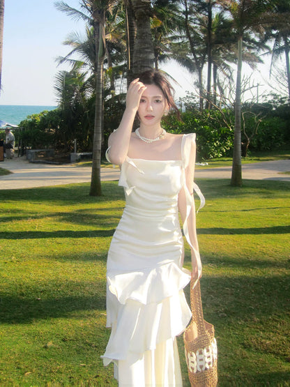 Elegant Mermaid Square Neck White Chiffon Ankle Length Prom Dresses 16th Nigh Party Birthday Outfits AB2416