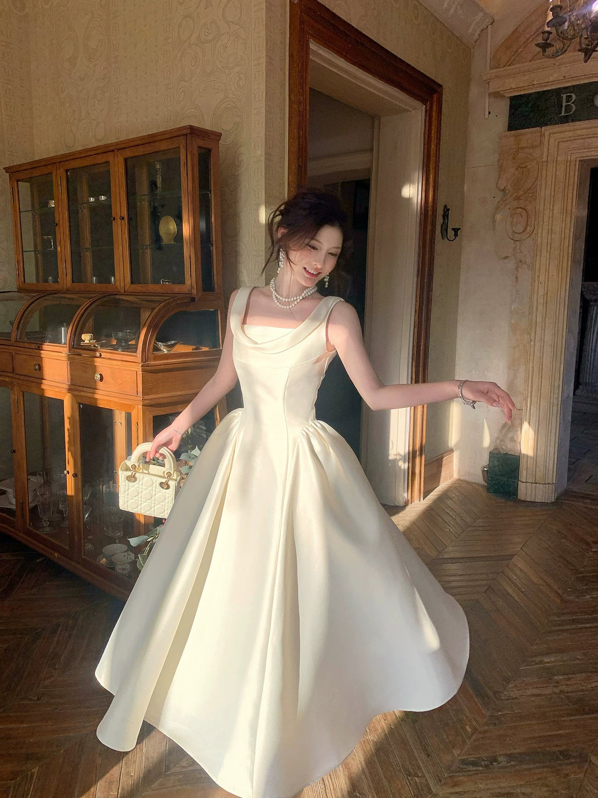 Modest A Line Square Neck Satin Prom Dresses Wedding Guest Dress 20th Birthday Outfits AB2453