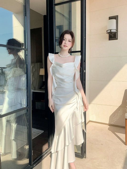 Elegant Mermaid Square Neck White Silky Satin Ankle Length Prom Dresses 16th Nigh Party Birthday Outfits AB2423