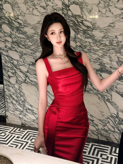 Elegant Sheath Square Neck Satin Red Ankle Length Prom Dresses 17th Nigh Party Birthday Outfits AB2454