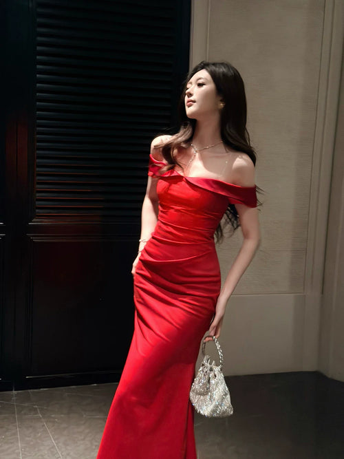 Elegant Mermaid Off The Shoulder Red Long Prom Dresses 16th Nigh Party Birthday Outfits AB2465