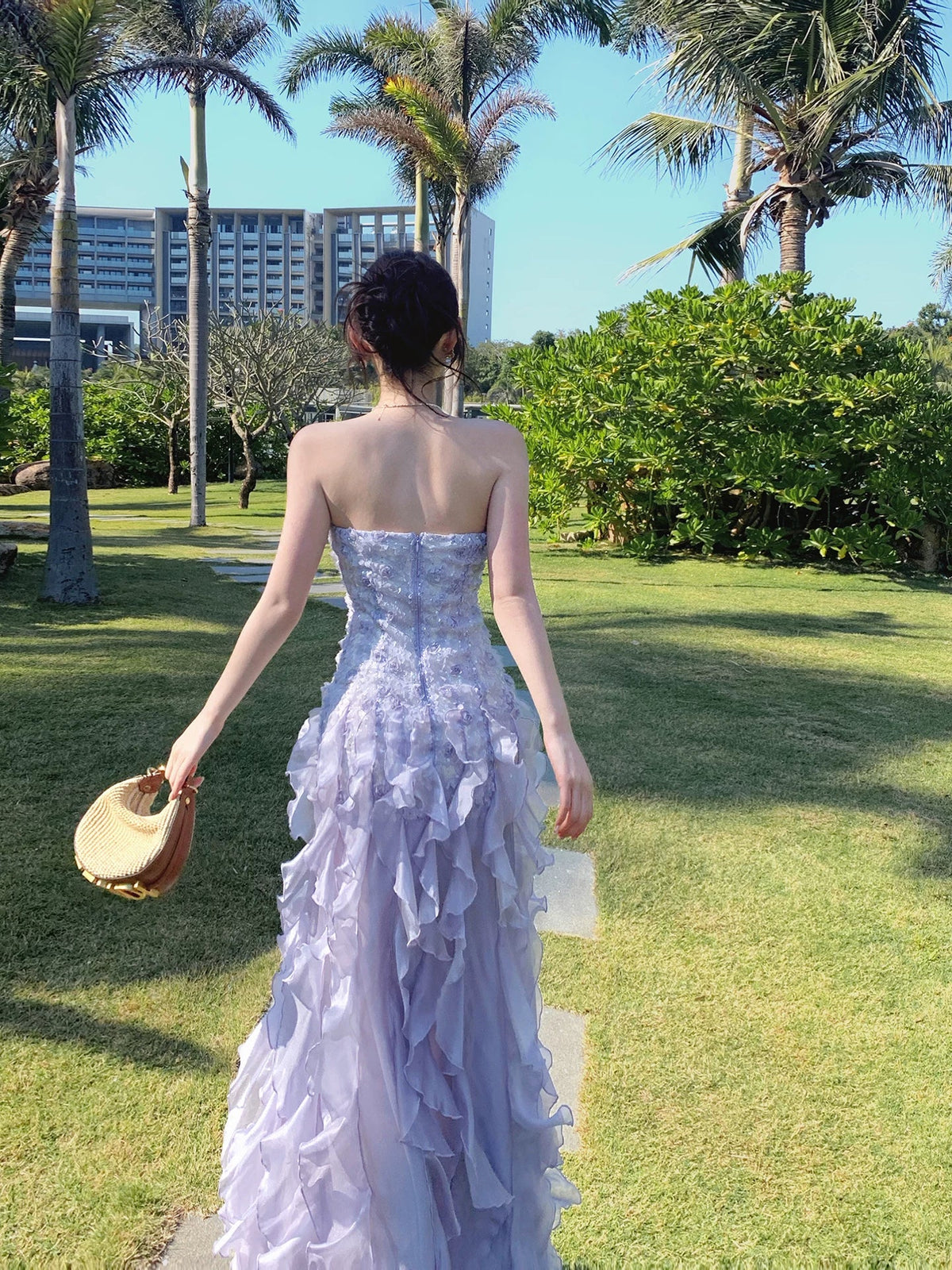 Elegant Sheath Lilac Strapless Tiered Layered Chiffon Sleeveless Long Prom Dresses 18th Birthday Outfits AB2410