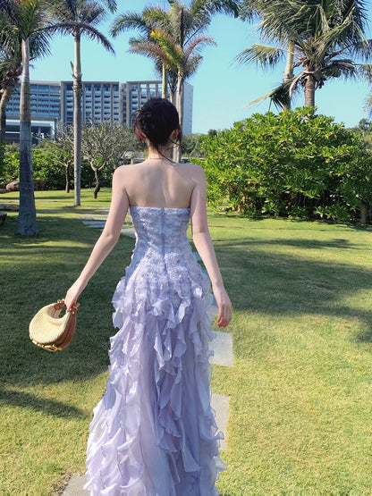Elegant Sheath Lilac Strapless Tiered Layered Chiffon Sleeveless Long Prom Dresses 18th Birthday Outfits AB2410