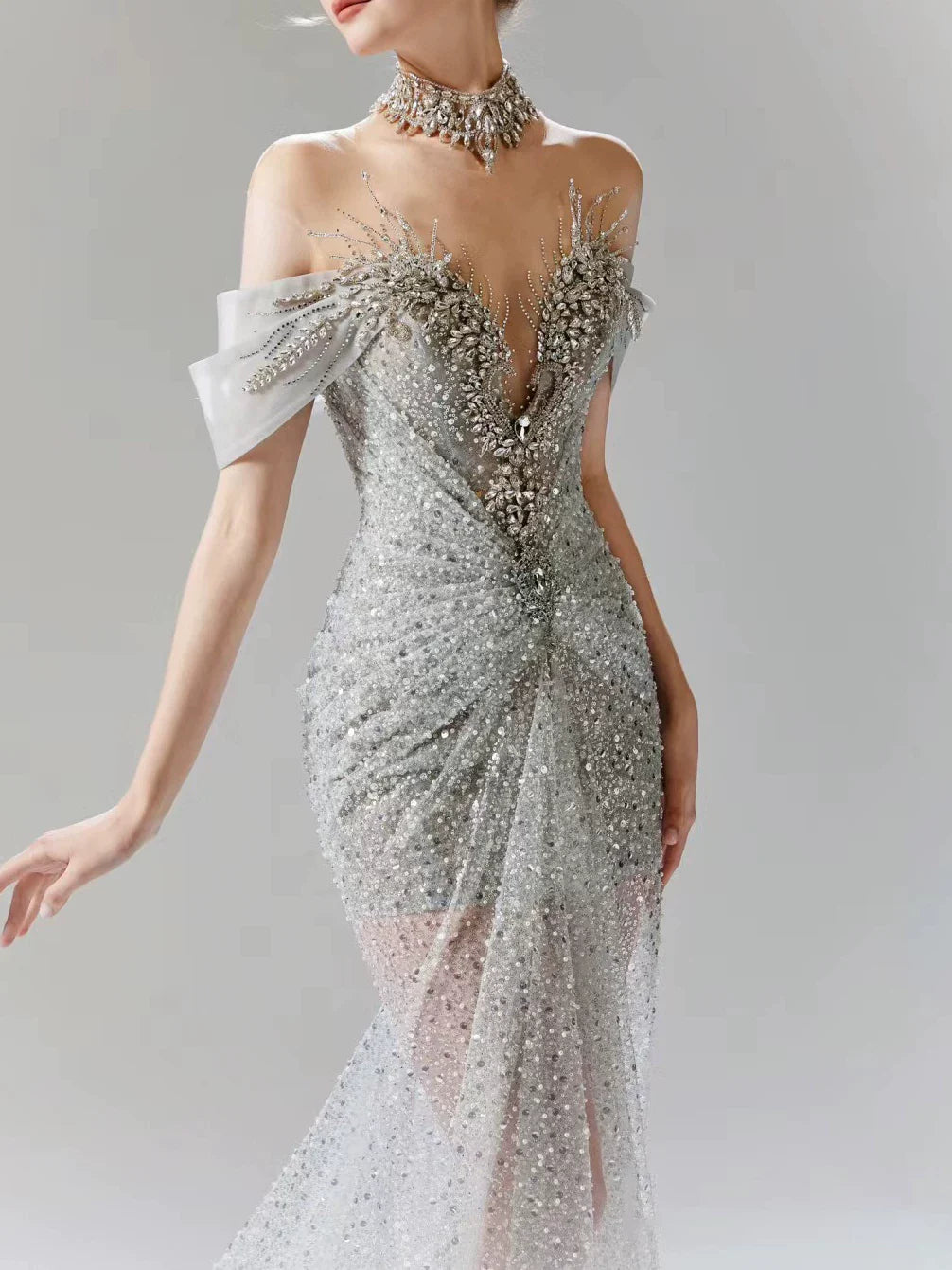 Vintage Silver Gray Mermaid Evening Dress Off The Shoulder Beaded Prom Dress Long Party Dress Birthday Outfits AB2314