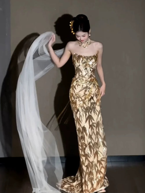 Glitter Mermaid Strapless Gold Sequins Long Formal Prom Dresses Dance Night Outfits Evening Party Gowns AB2205