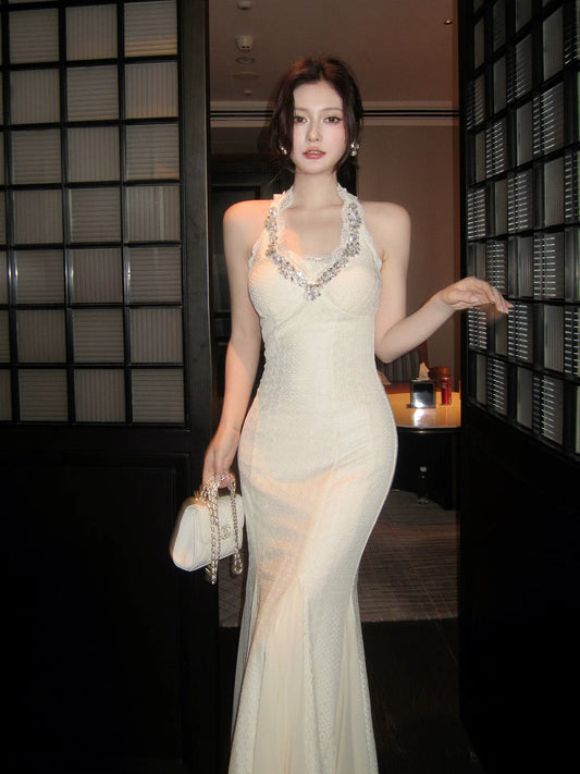 Modest Mermaid Halter Ivory Lace Prom Dresses Wedding Guest Gown 18th Nigh Party Birthday Outfits AB2424