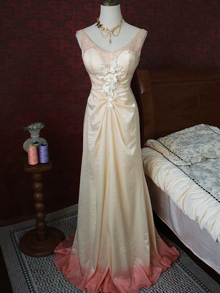 Vintage 1960s Mermaid V Neck Pink With Flowers Lace Prom Dresses Inspiration Long Party Evening Dress 18th Birthday Outfits AB2380