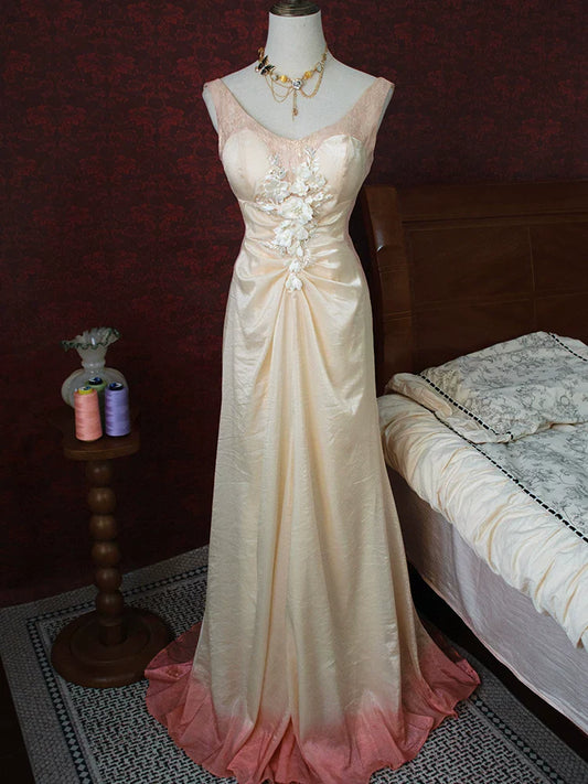 Vintage 1960s Mermaid V Neck Pink With Flowers Lace Prom Dresses Inspiration Long Party Evening Dress 18th Birthday Outfits AB2380
