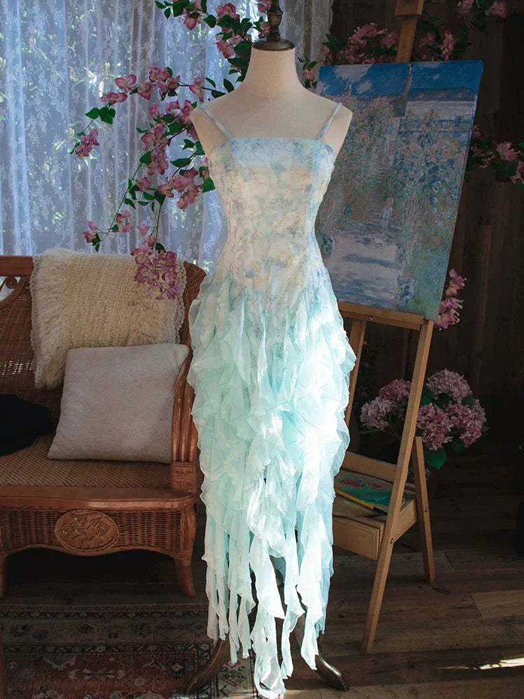Vintage 1980s A Line Spaghetti Strap Blue Tiered Layered Prom Dresses Inspiration Party Retro Evening Dress 21st Birthday Outfits AB2374