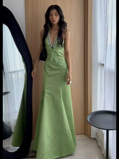 Vintage 1980s Mermaid V Neckline Green Prom Dresses Inspiration Long Party Retro Evening Dress 21st Birthday Outfits AB2372
