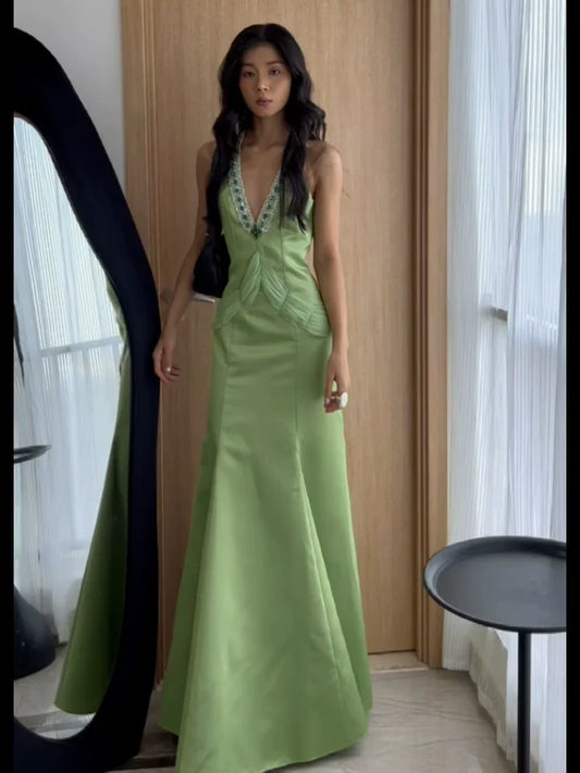 Vintage 1980s Mermaid V Neckline Green Prom Dresses Inspiration Long Party Retro Evening Dress 21st Birthday Outfits AB2372