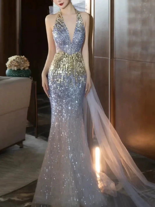 Modest Mermaid Halter Sequins Prom Dresses Inspiration Long Party Evening Dress 19th Birthday Outfits AB2281
