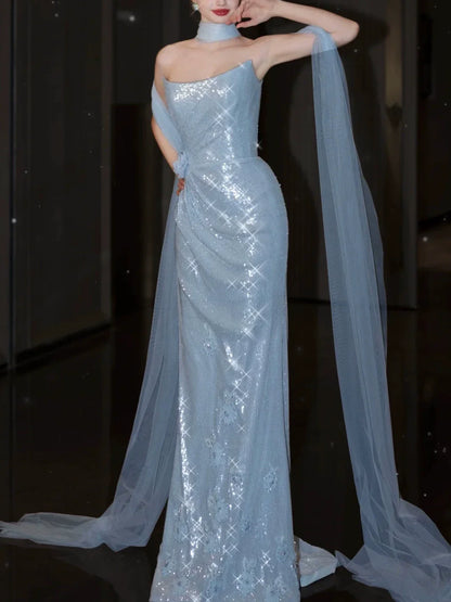 Modest Mermaid Strapless Sequins Blue With Scarf Prom Dresses Inspiration Long Party Evening Dress 21st Birthday Outfits AB2290