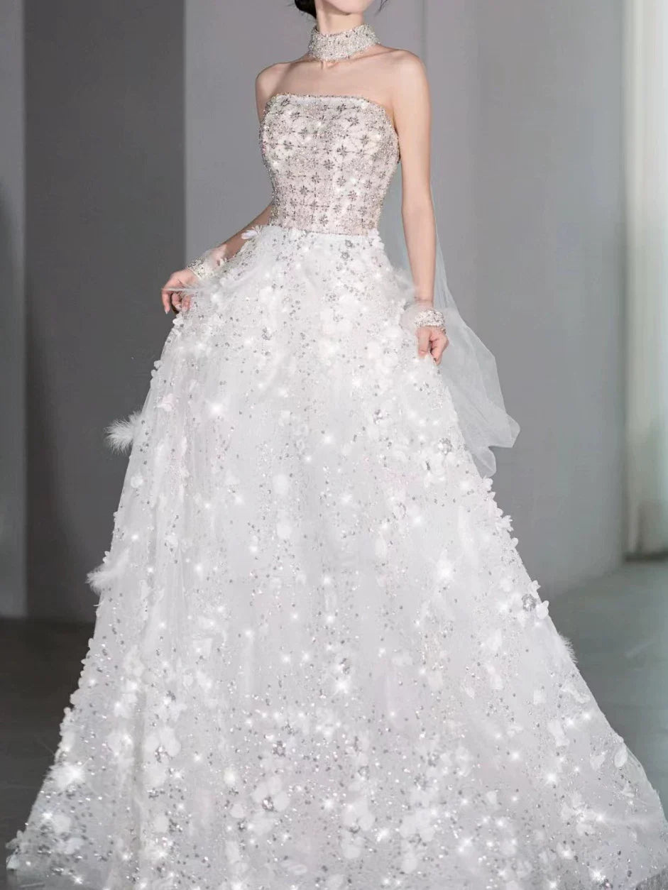 Modest Ball Gown Strapless White Sequins Prom Dresses Inspiration Long Party Evening Dress 21st Birthday Outfits AB2294