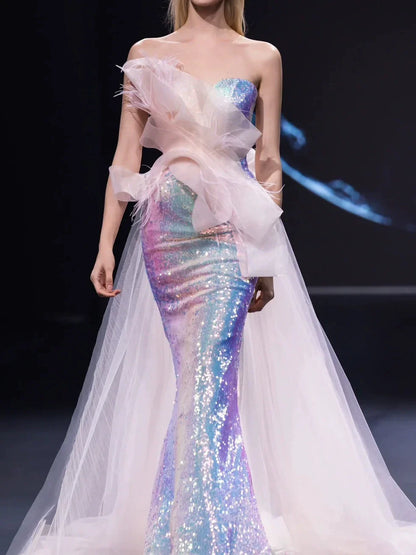 Modest Mermaid Strapless Lilac Sequins Prom Dresses Inspiration Long Party Evening Dress 19th Birthday Outfits AB2282