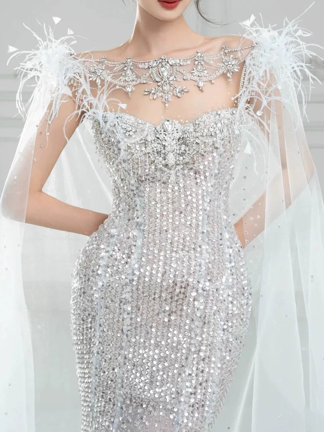 Luxurious Mermaid Scoop Evening Dress Sequins Prom Dress With Cape Long Party Dresses 19th Birthday Outfits AB2326