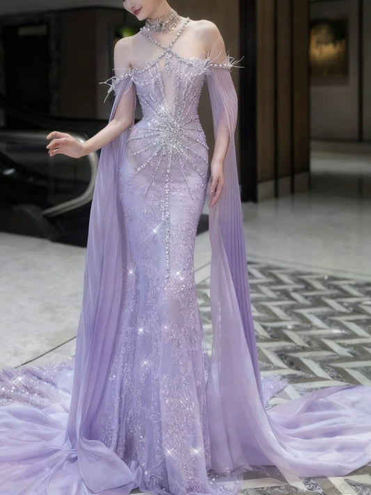 Sparkly Mermaid Halter Lilac Sequins Prom Dresses Inspiration Long Party Night Gowns 20th Birthday Outfits AB2295