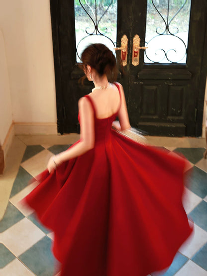 Elegant A Line Square Neck Satin Red Ankle Length Prom Dresses 17th Nigh Party Birthday Outfits AB2443