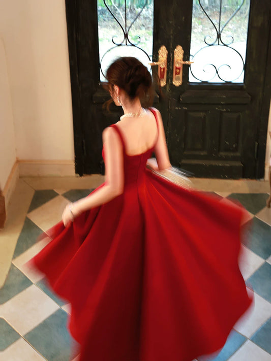 Elegant A Line Square Neck Satin Red Ankle Length Prom Dresses 17th Nigh Party Birthday Outfits AB2443