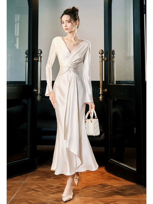 Sexy Mermaid V Neck Long Sleeves Ankle Length Prom Dresses Wedding Guest Dress 22th Birthday Outfits AB2511