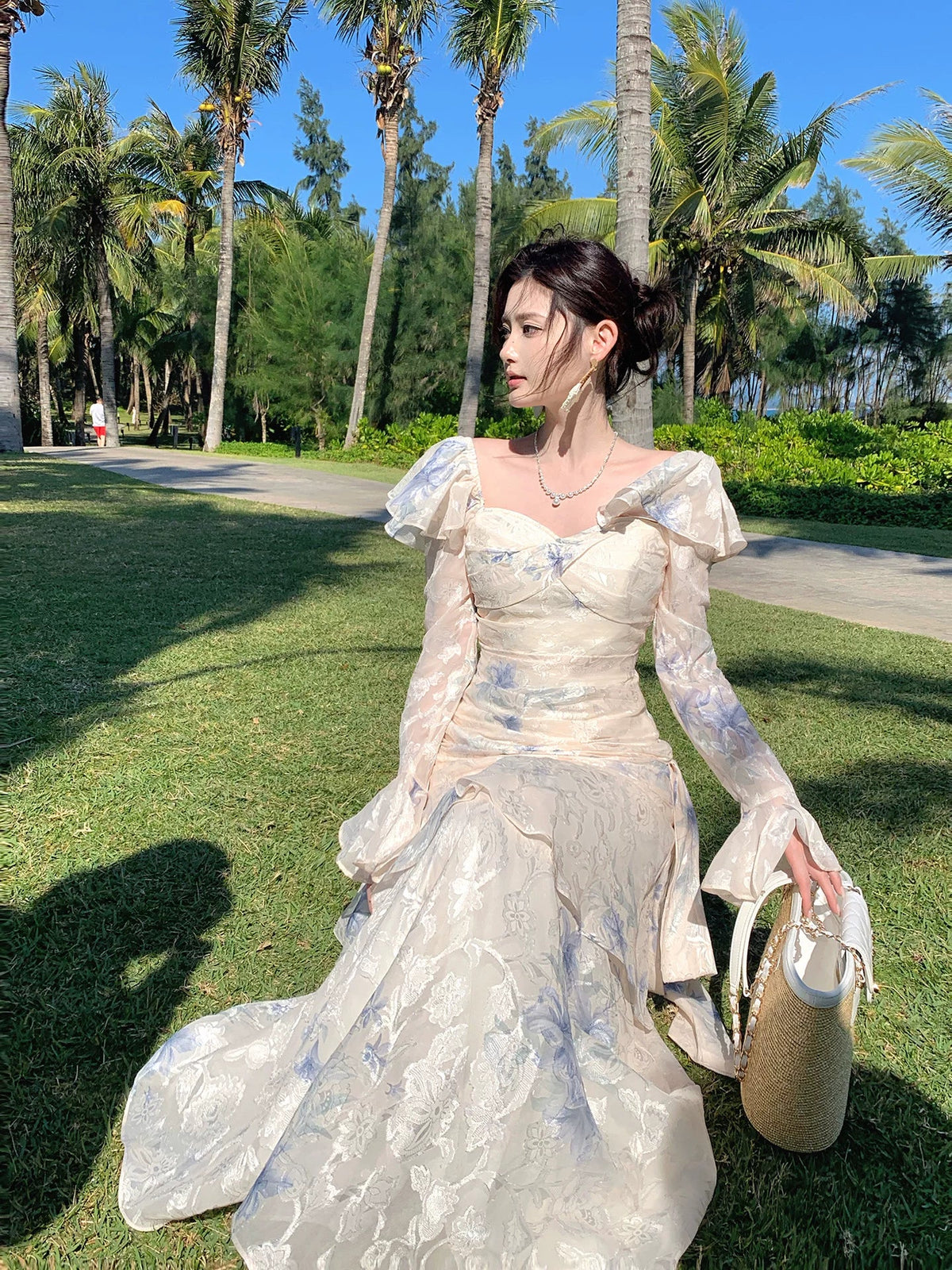 Elegant Mermaid Square Neck Floral Chiffon Blue Long Sleeves Prom Dresses 16th Nigh Party Birthday Outfits AB2466