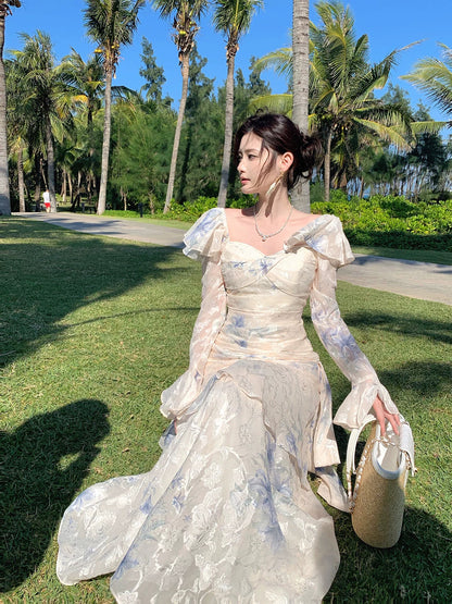 Elegant Mermaid Square Neck Floral Chiffon Blue Long Sleeves Prom Dresses 16th Nigh Party Birthday Outfits AB2466