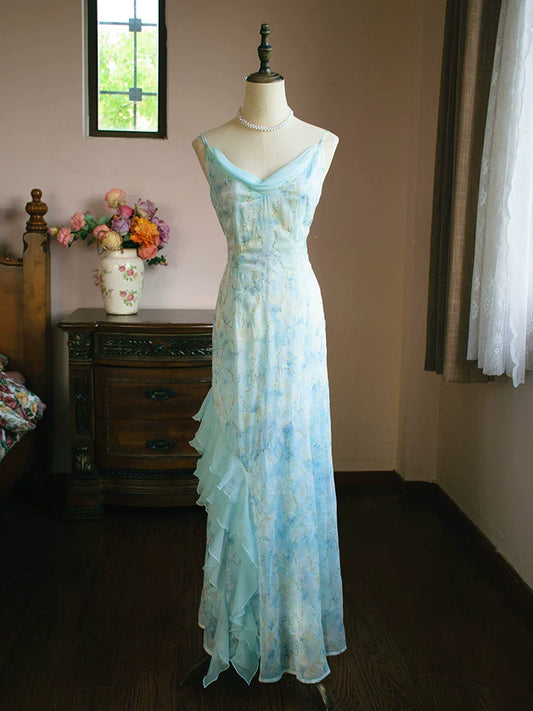 Vintage 1960s A line Spaghetti Straps Light Blue Chiffon Prom Dresses Inspiration Long Party Evening Dress 18th Birthday Outfits AB2386