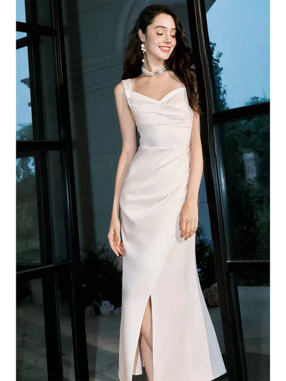Sexy Sheath Sweetheart White Satin Ankle Length Prom Dresses Wedding Guest Dress 22th Birthday Outfits AB2509