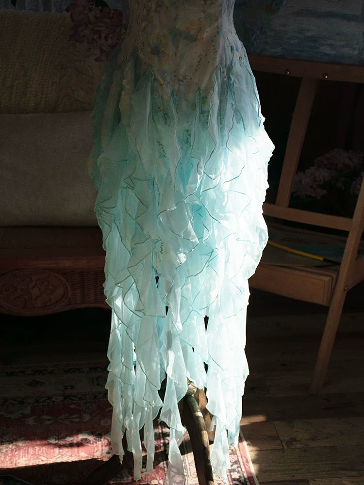 Vintage 1980s A Line Spaghetti Strap Blue Tiered Layered Prom Dresses Inspiration Party Retro Evening Dress 21st Birthday Outfits AB2374