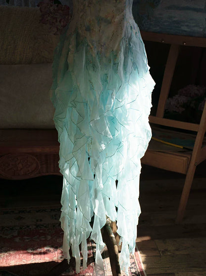 Vintage 1980s A Line Spaghetti Strap Blue Tiered Layered Prom Dresses Inspiration Party Retro Evening Dress 21st Birthday Outfits AB2374