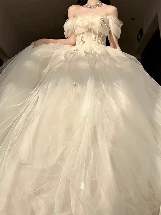 Princess Ball Gown Off The Shoulder Tulle Champagne Prom Dresses Inspiration Long Party Night Gowns 20th Birthday Outfits AB2237