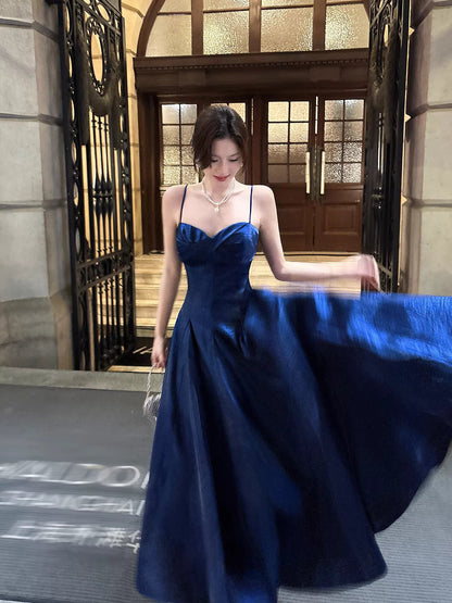 Sexy A line Spaghetti Straps Royal Blue Satin Long Prom Dresses Wedding Guest Dress 20th Birthday Outfits AB2482
