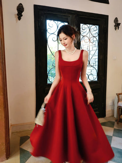 Elegant A Line Square Neck Satin Red Ankle Length Prom Dresses 17th Nigh Party Birthday Outfits AB2443