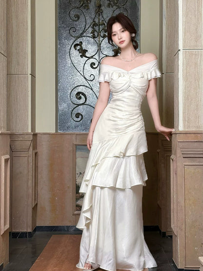 Elegant Mermaid Off The Shoulder White Long Prom Dresses 16th Nigh Party Birthday Outfits AB2504