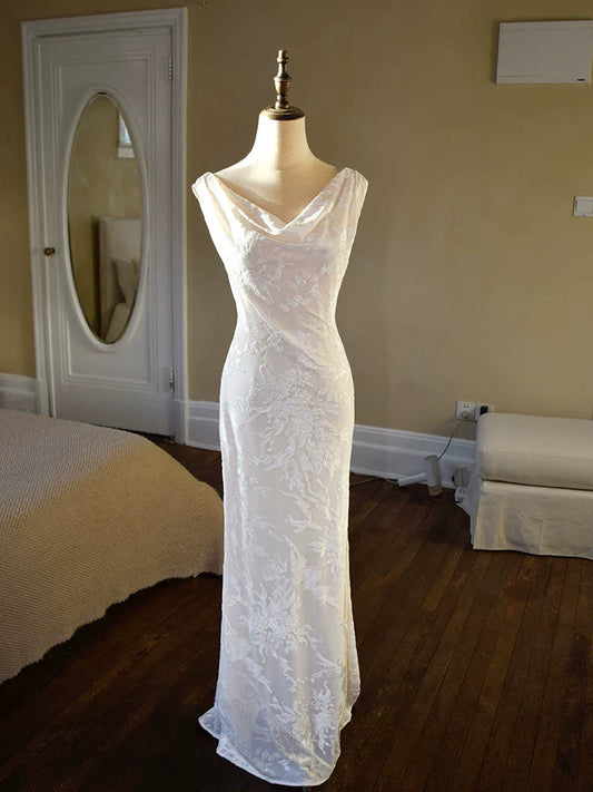Vintage 1950s A Line Cowl Neck White Floral Lace Prom Dresses Inspiration Long Party Evening Dress 18th Birthday Outfits AB2368