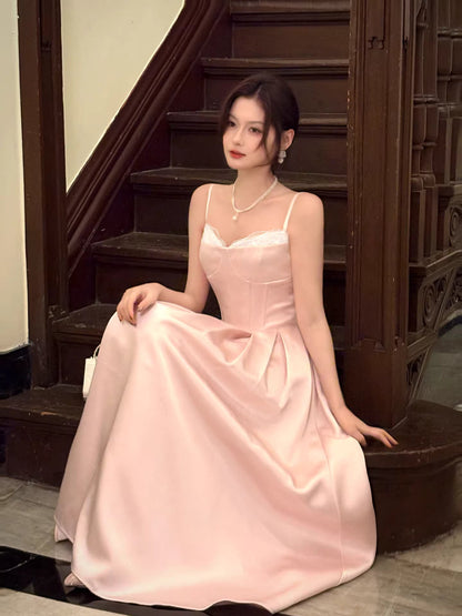 Elegant A Line Spaghetti Straps Pink Satin Ankle Length Prom Dresses 17th Nigh Party Birthday Outfits AB2497