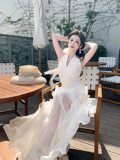 Modest A line Halter White Layered Chiffon Floor Length Prom Dresses 18th Nigh Party Birthday Outfits AB2419