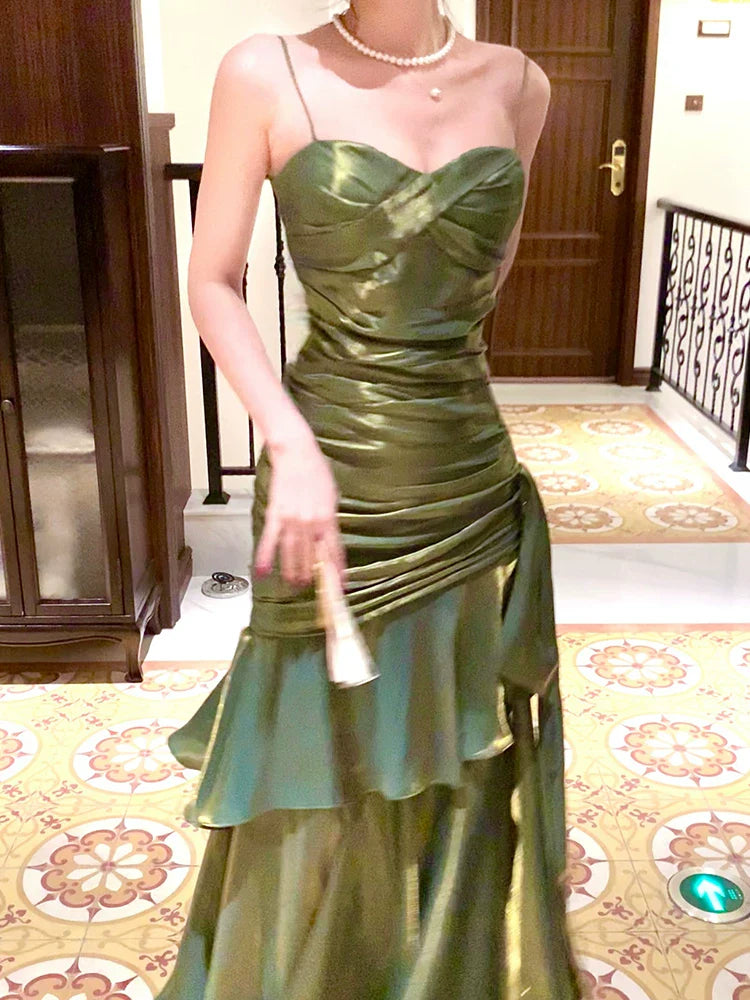 Modest Mermaid Spaghetti Straps Green Long Prom Dresses High School Teens Graduation Dance Dress 20th Birthday Outfits AB2501