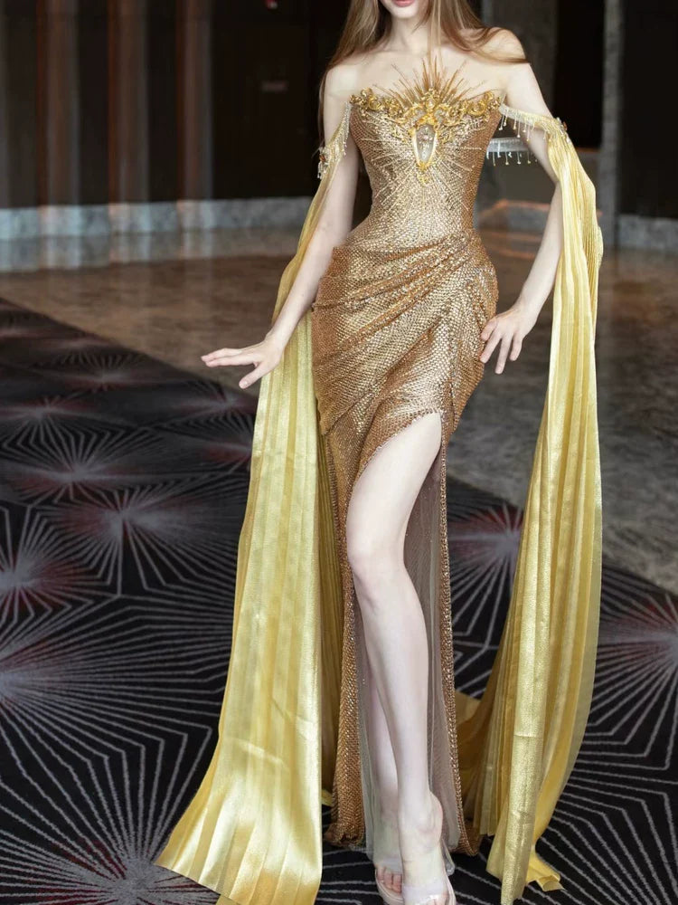 Modest Mermaid Strapless Gold Long Sleeves Slit Sequins Prom Dresses Inspiration Long Party Evening Dress 21st Birthday Outfits AB2287