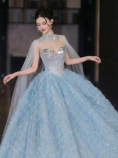 Sparkly Ball Gowns 2026 Strapless Blue With Beaded Cape Prom Dresses Inspiration Long Party Night Evening Gowns 19th Birthday Outfits AB2266