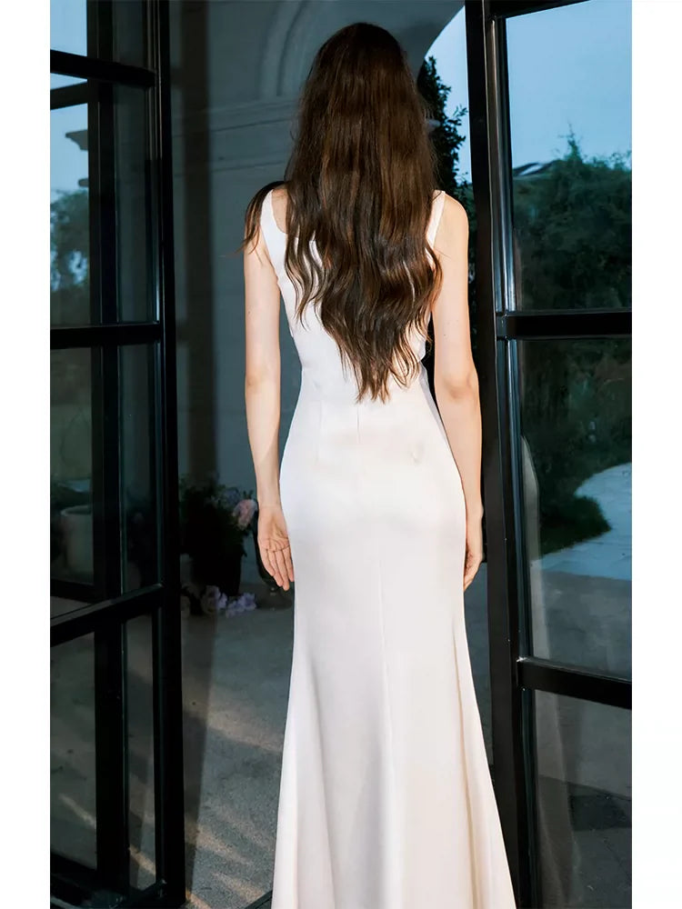 Sexy Sheath Sweetheart White Satin Ankle Length Prom Dresses Wedding Guest Dress 22th Birthday Outfits AB2509