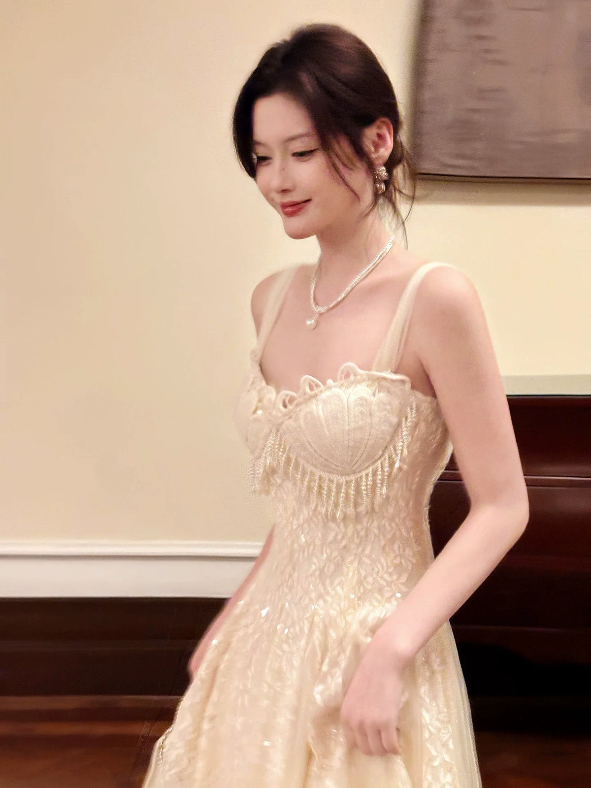 Sexy A line Spaghetti Straps Apricot Lace Prom Dresses Wedding Guest Dress 20th Birthday Outfits AB2469