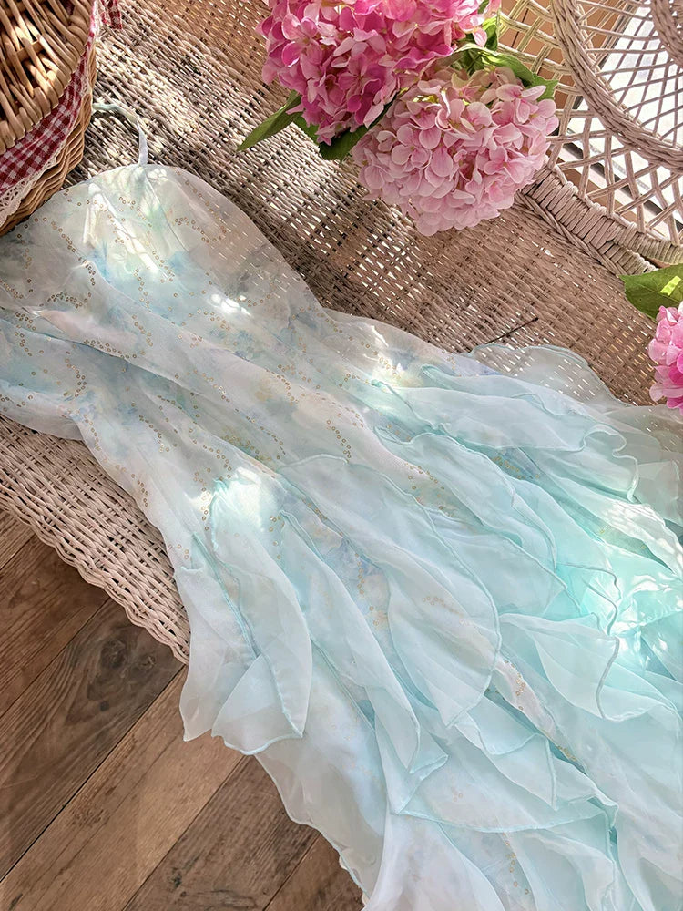 Vintage 1980s A Line Spaghetti Strap Blue Tiered Layered Prom Dresses Inspiration Party Retro Evening Dress 21st Birthday Outfits AB2374