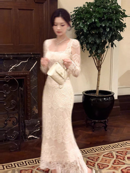 Sexy Mermaid Square Neck Lace White Long Sleeves Ankle Length Prom Dresses Wedding Guest Dress 22th Birthday Outfits AB2491